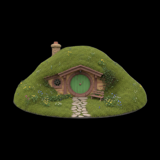 Maison hobbit 3D gratuit sous colline verdoyante