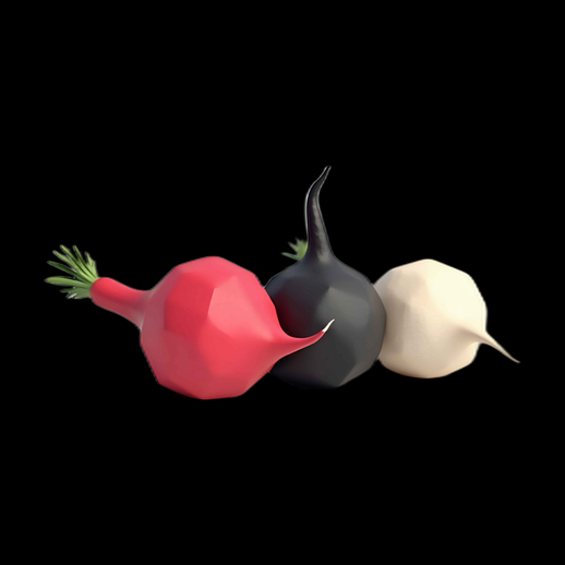 Radis low-poly de trois couleurs