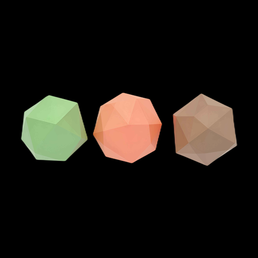 Trois dodécaèdres colorés et stylisés