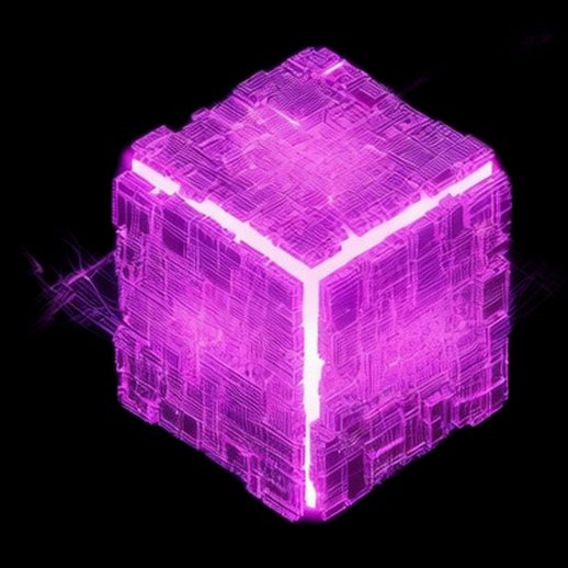 Cube technologique violet lumineux 3D