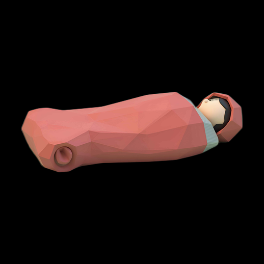 Personnage 3D dans sac de couchage