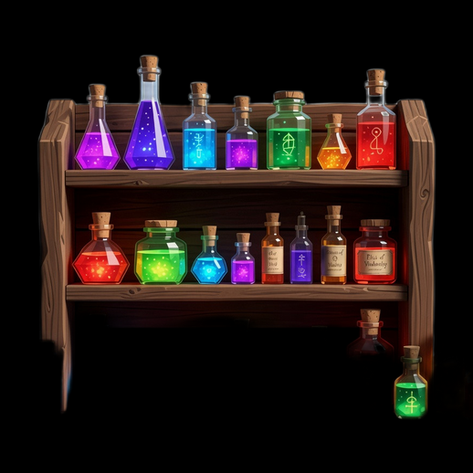 Étagère remplie de potions colorées