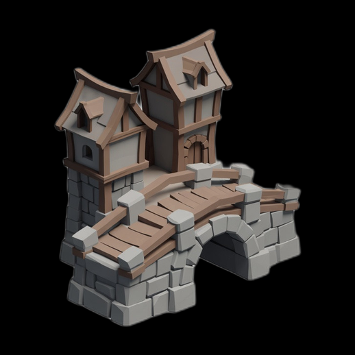 Pont medieval avec maison modele 3D gratuit