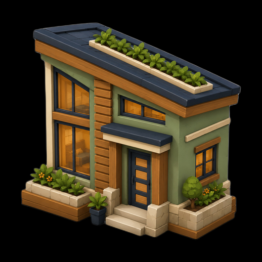 Maison moderne 3D gratuit stylisee avec toit vegetal