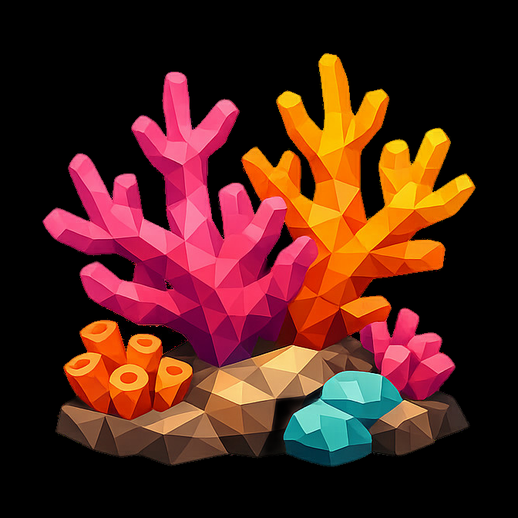 Coraux low-poly colorés et pierres