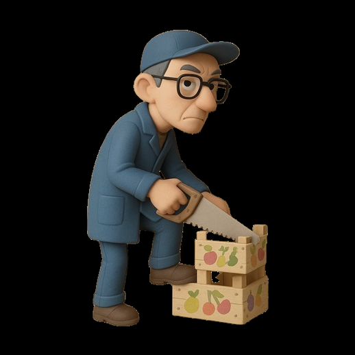 Homme sciant des caisses à fruits