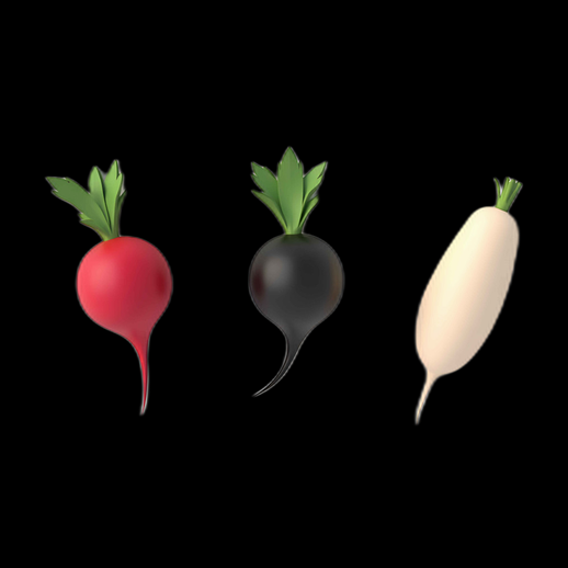 Trois radis 3D stylisés